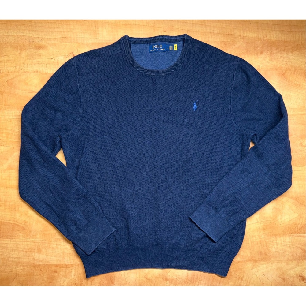 Polo Ralph Lauren Mens Large Blue Cotton Knit Crewneck Sweater Pony Logo